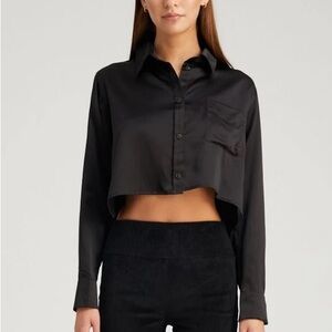 NWT SPRWMN SILK black cropped button up, medium